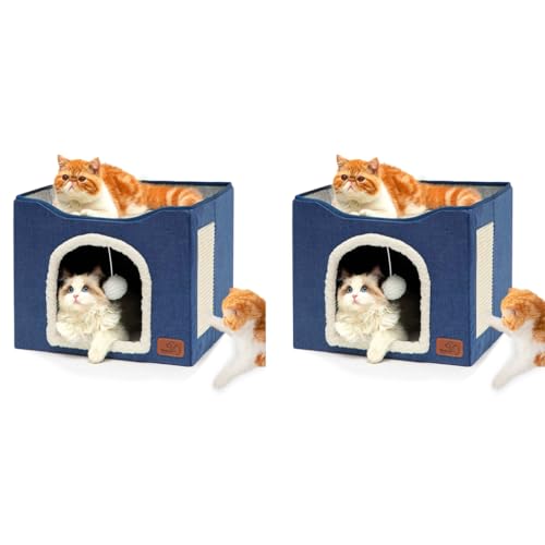 Qpets® Cat Beds for Large House Cave with Fluffy Ball Hanging Toy and Scratch Pad Foldable Hideaway Blue 16.5x16.5x14 inches 2 PCS Qpets® Cat Beds for Large House Cave with Fluffy Ball Hanging Toy and Scratch Pad Foldable Hideaway Blue 16.5x16.5x14 inches 2 PCS